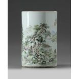 A Chinese Qianjiang enamelled 'landscape' brush pot, bitong