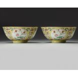 A pair of Chinese yellow-ground famille rose medallion bowls