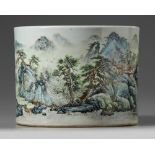 A Chinese famille rose 'landscape' brush pot, bitong