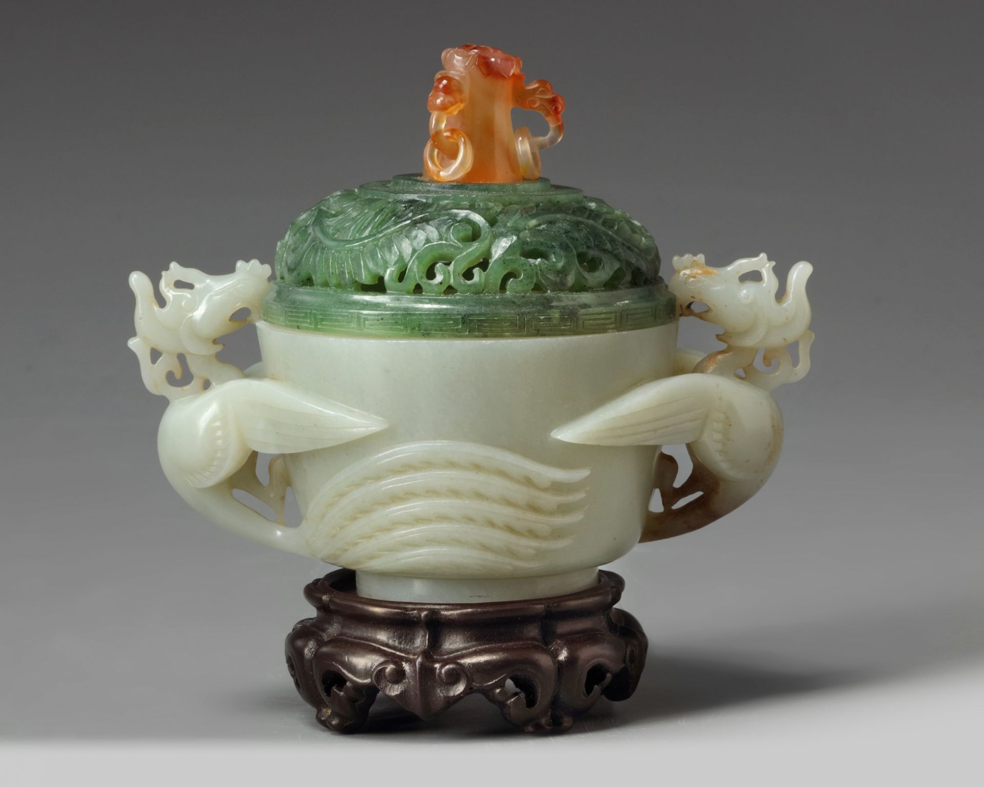 A Chinese pale celadon 'phoenix' censer and a spinach green jade cover