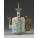 A Chinese Beijing-enamel turquoise-ground 'phoenix and peony' teapot