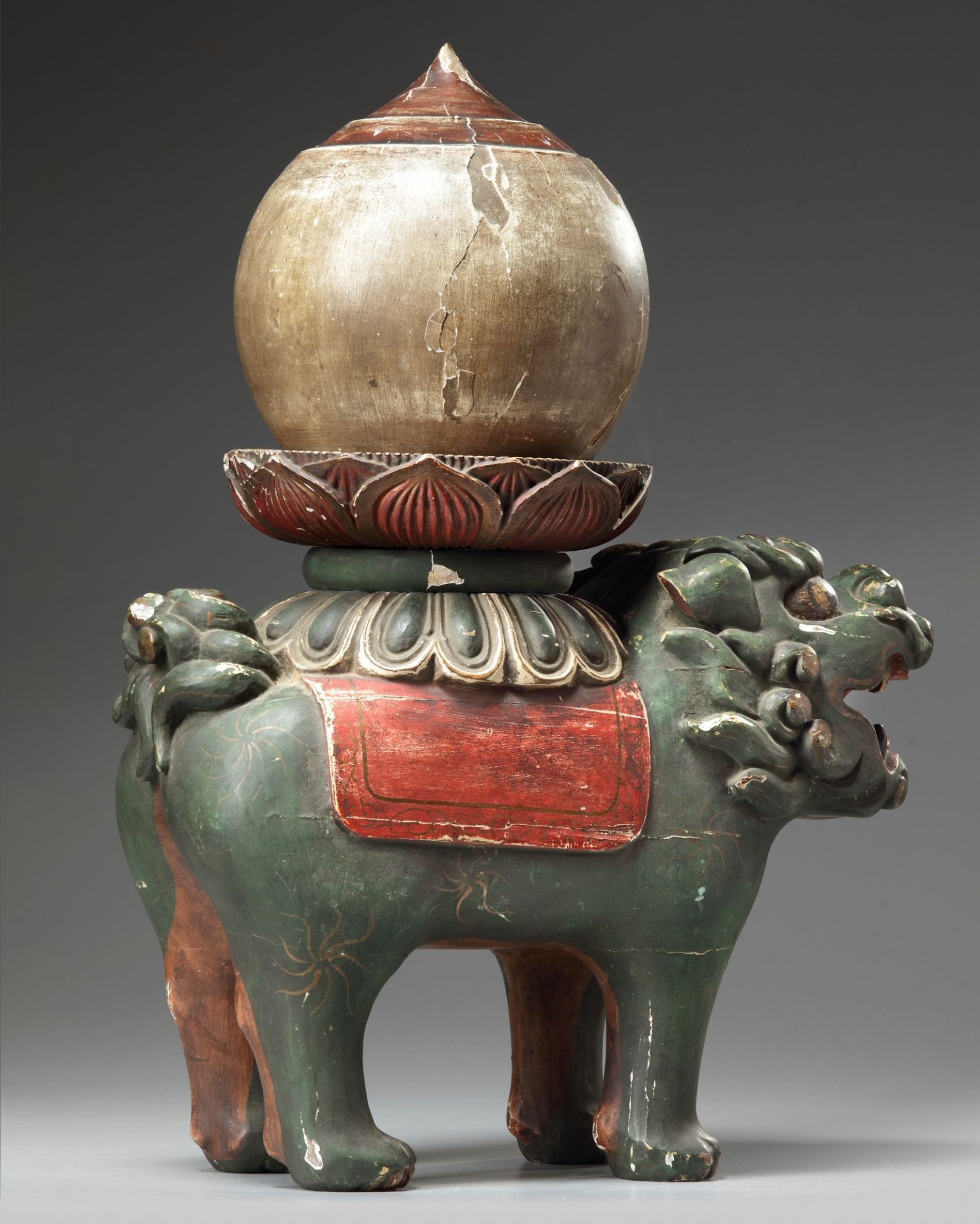 A wood carved Shishi with buddhist flame and buddha - Image 2 of 4