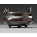 A Chinese bronze 'qilin' tripod censer