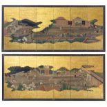 A set of two six-panel byobu screens with gold relief