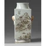 A Chinese en grisaille and famille rose square-section vase, cong