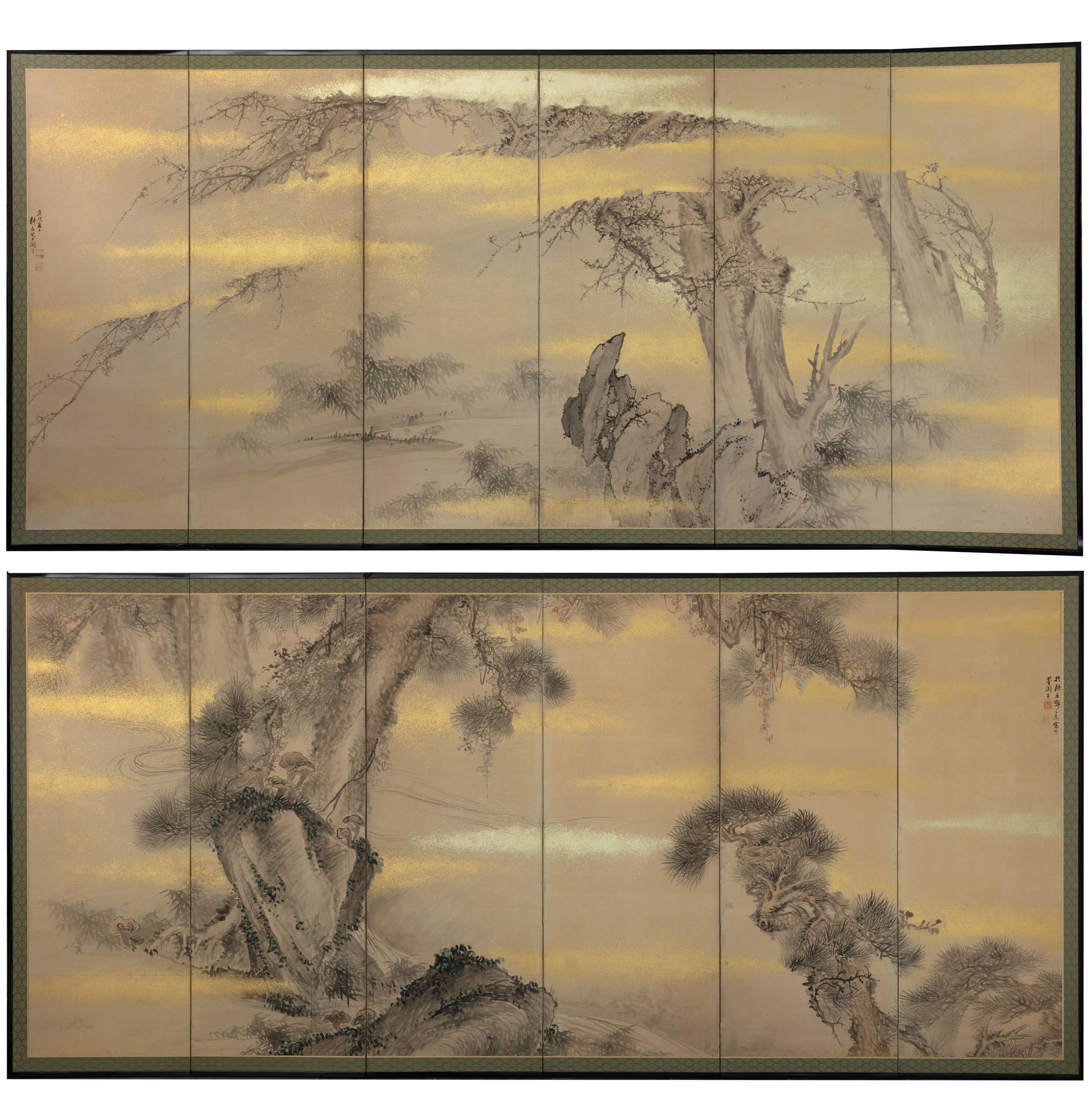 A set of two six-panel byobu screens signed by Koseki Senko