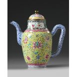 A Chinese yellow-ground painted enamel wine ewer