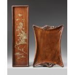 A Chinese wood tray and a bronze and mother of pearl inlaid scroll tray