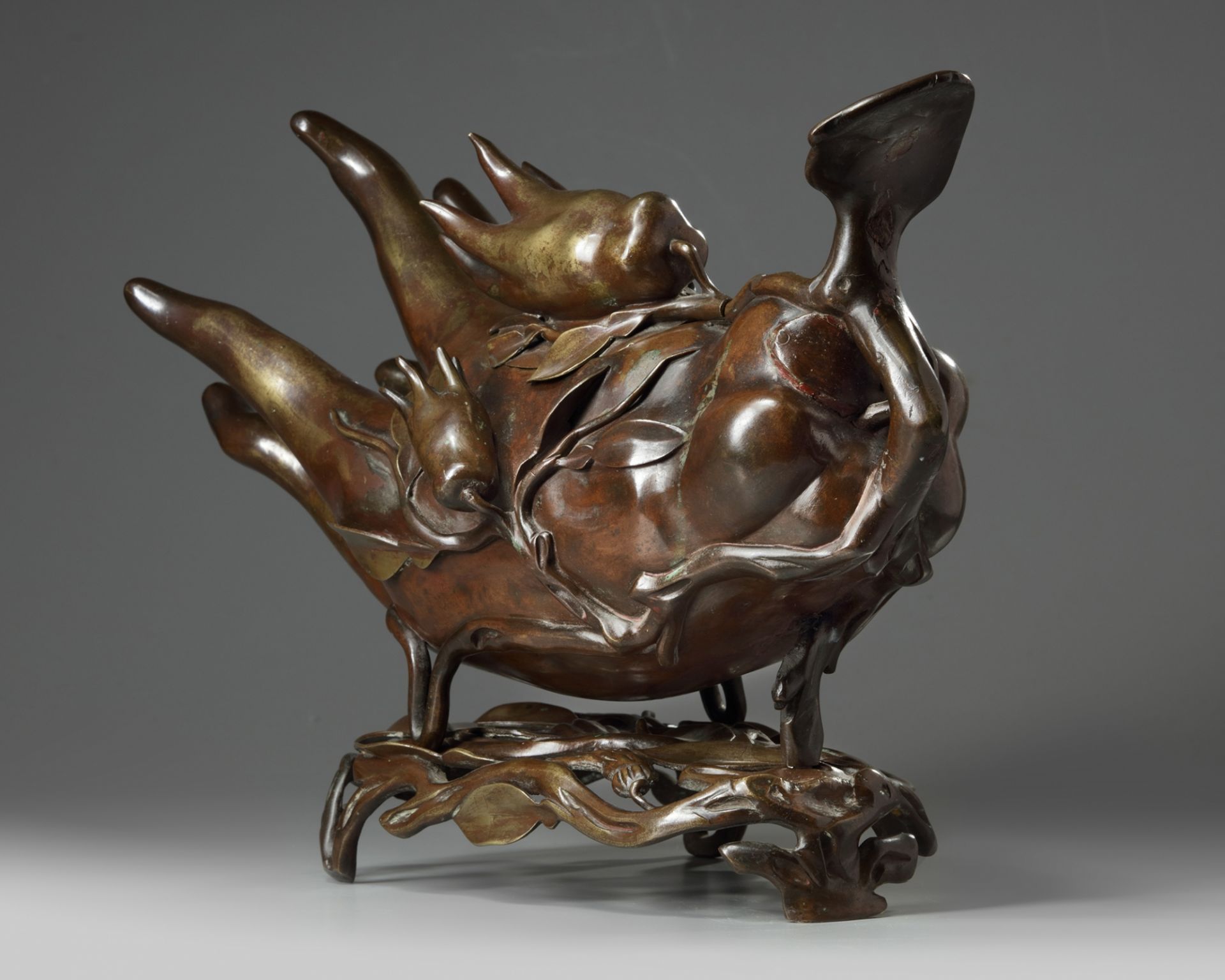 A large Chinese bronze finger citron censer and stand - Image 3 of 5