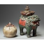 A wood carved Shishi with buddhist flame and buddha