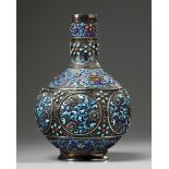 A silver filigree enamelled bottle vase with turquoise and coral inlay