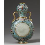 A Chinese white jade-inset cloisonné enamel double gourd vase