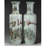 A pair of Chinese famille verte 'figural' rouleau vases
