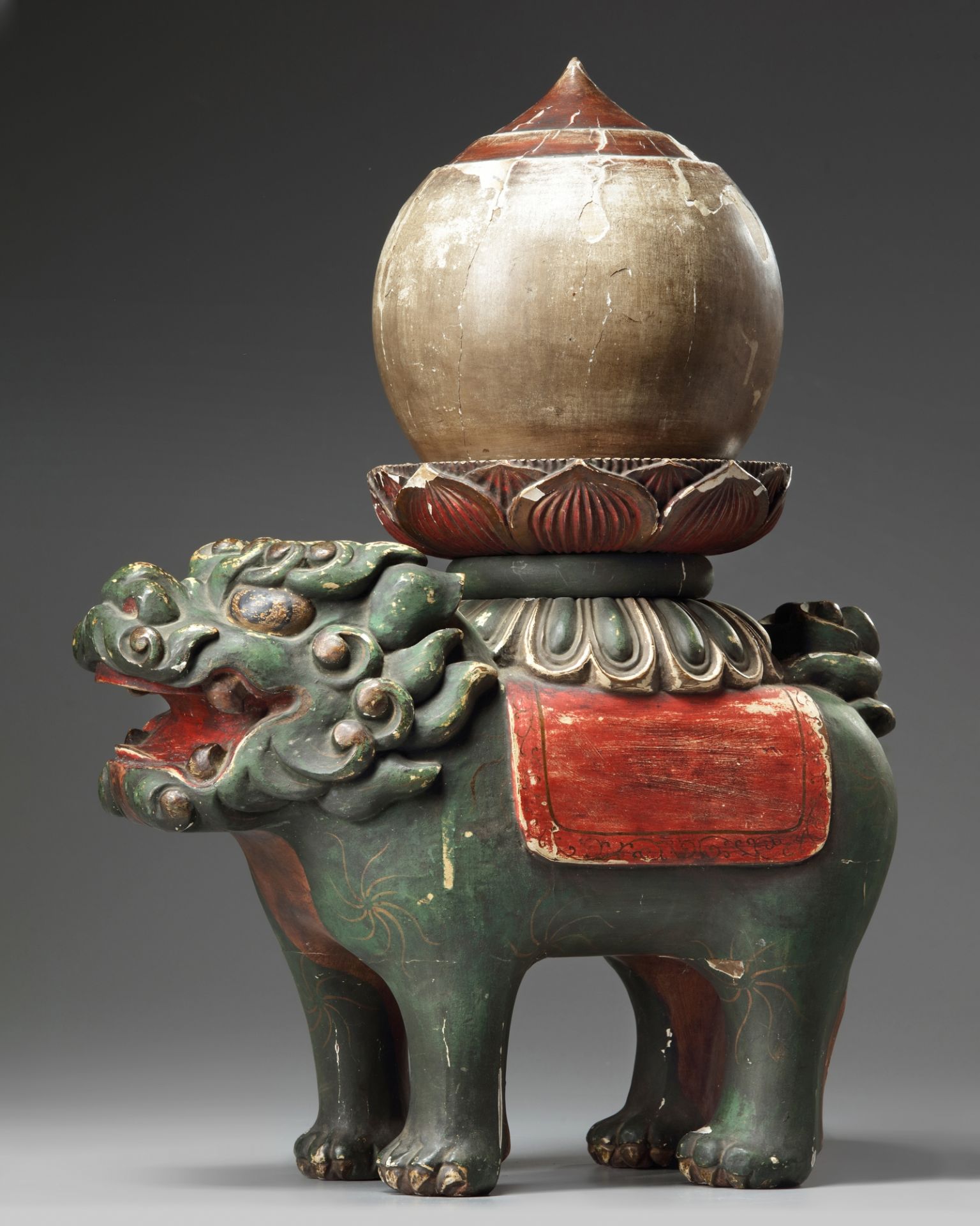 A wood carved Shishi with buddhist flame and buddha - Image 3 of 4