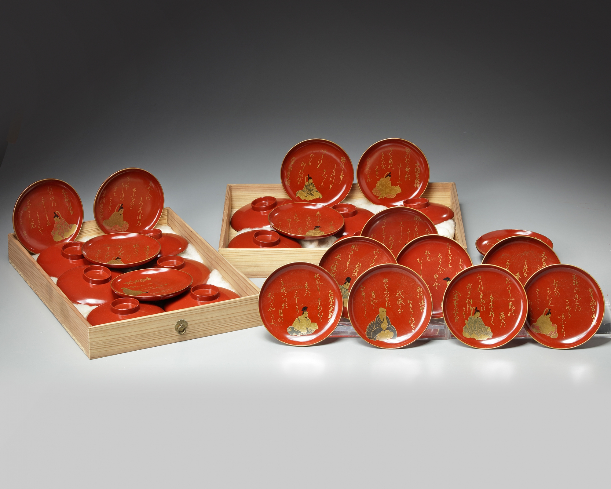A thirty-piece red lacquered sake set - Image 2 of 3