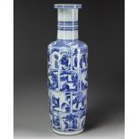 A large Chinese blue and white 'Romance of the Western Chamber' rouleau vase