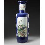 A large Chinese blue ground famille verte rouleau vase