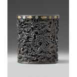 A Chinese hongmu and mother of pearl inlaid brush pot, bitong