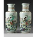 A pair of Chinese famille verte 'ladies' rouleau vases
