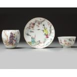 A Chinese famille rose cup and saucer and a very rare small ‘erotic European subject’ vase