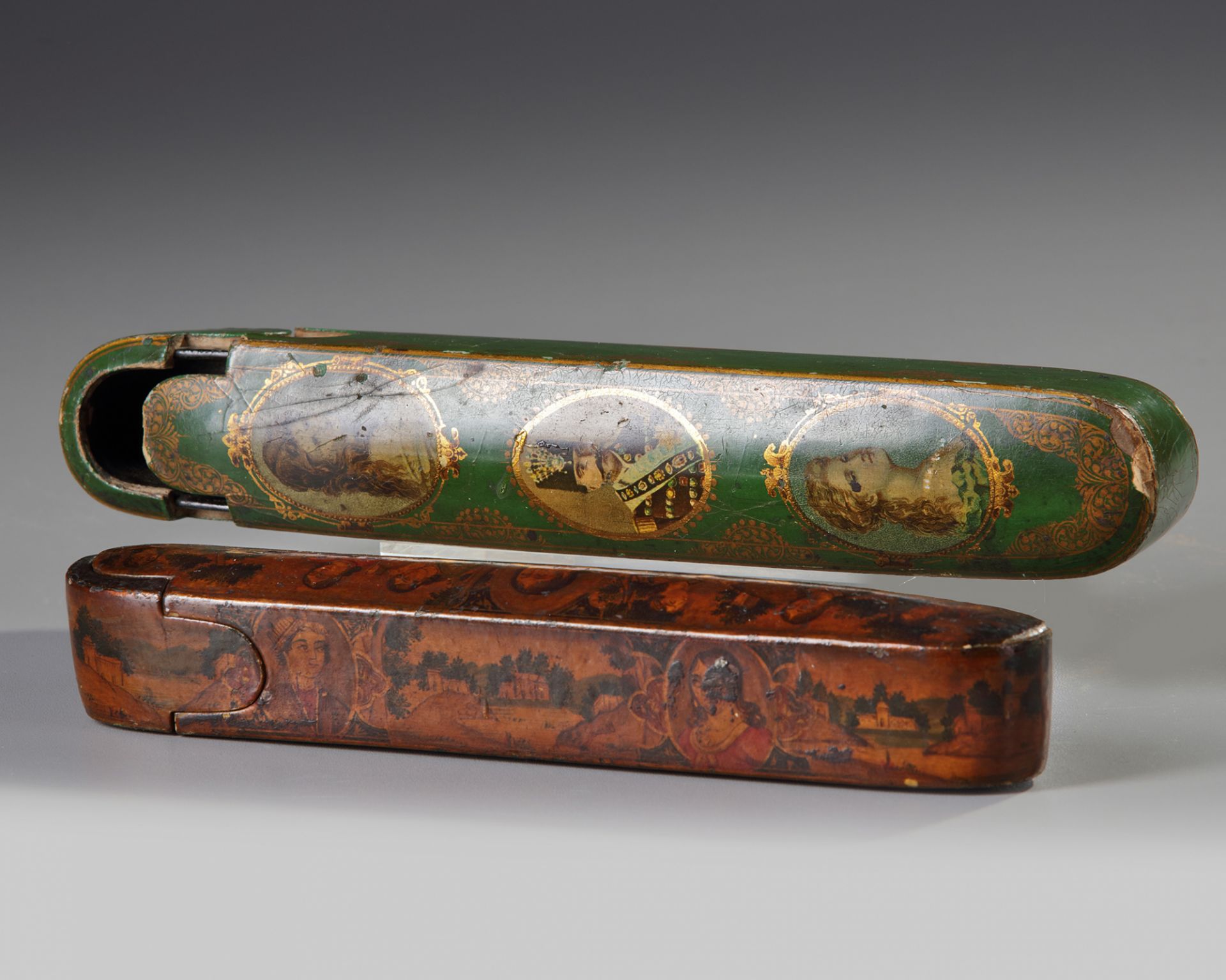 Two Ottoman lacquer paper mache pen cases