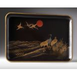 A Japanese rectangular lacquered tray with gold leaf decorated cranes and moon