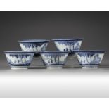 A set of five Japanese blue and white cups