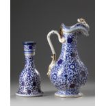 A Czech blue and white glazed ewer and hookah-base