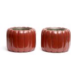 Set of two Japanese cinnabar-red lacquer chrysanthemum (kiku) shaped wooden braziers (hibachi)