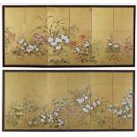 A set of two Japanese six-panel Byobu screens with flowers and foliage.