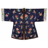 A Chinese dark blue-ground embroidered short informal robe