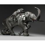 A large Japanese bronze elephant and tiger group