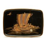 Black lacquered hirobuta-tray decorated with a dragon boat