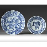 A Chinese blue and white 'lotus bouquet' dish and a small saucer