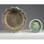 A Perisan bronze bowl and a small bronze tray