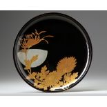 A Japanese lacquer plaque with Kiku flowers and the moon