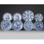 A group of eight Chinese blue and white dishes