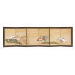 A small Japanese six-panel Byobu screen depicting a water wheel and various folding fans