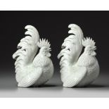 A pair of Japanese Hirado white-glazed cockerels