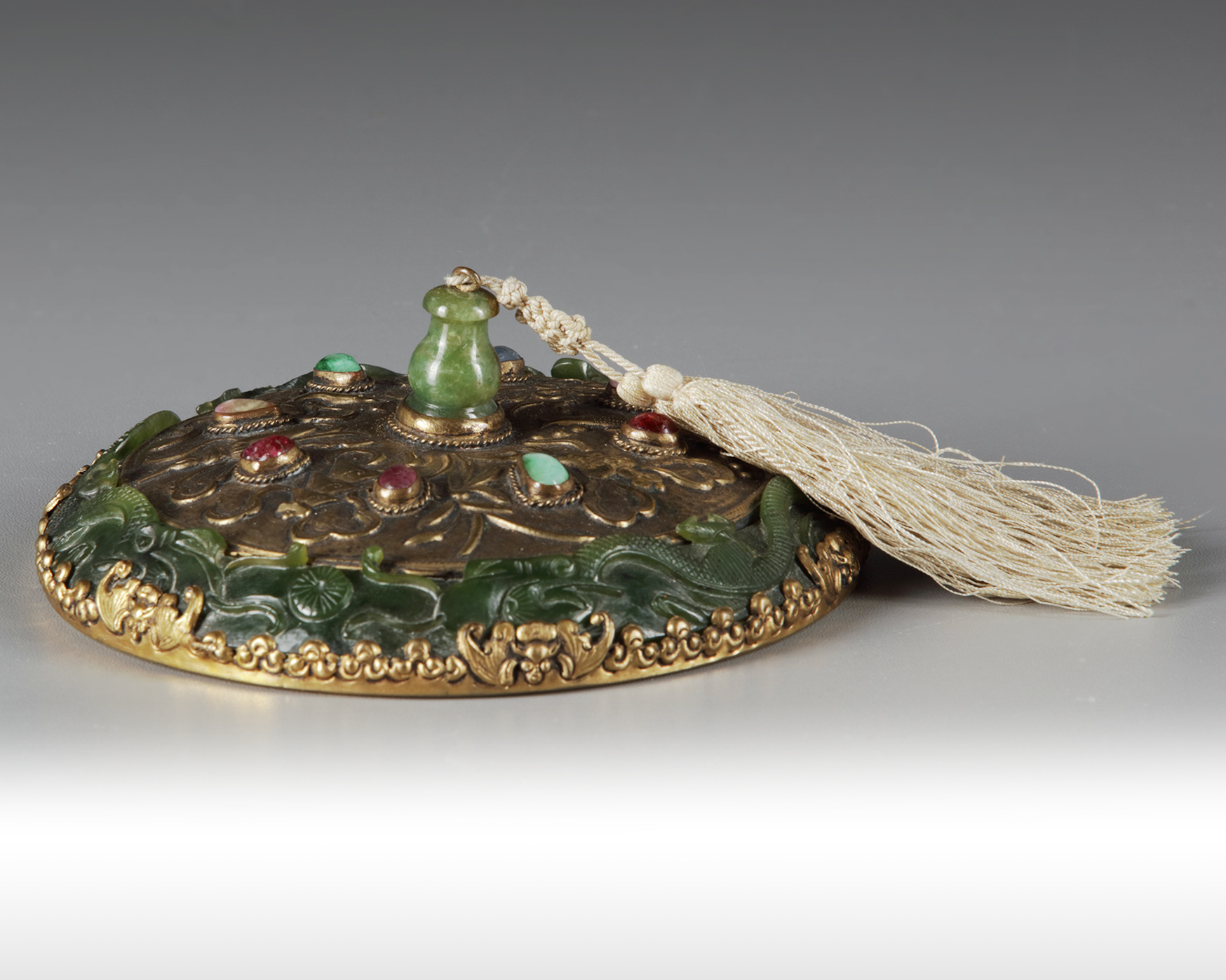 A Chinese gilt-bronze spinach-green jade-inset scholar's mirror - Image 2 of 3