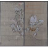 A pair of Japanese framed paintings depicting hawks