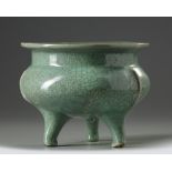 A large Chinese celadon tripod censer