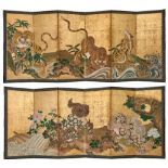 A rare set of two Japanese six-panel Byobu screens