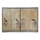 A Japanese four-panel Byobu screen depicting hawks