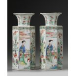 A pair of Chinese famille verte hexagonal vases