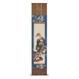 A Japanese hanging scroll with a polychrome anonymous painting of a geisha