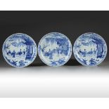 A set of three Chinese blue and white 'Romance of the Western Chamber' dishes