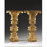A large pair of Chinese gilt bronze archaistic square-section flaring vases, gu