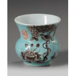 A Chinese turquoise-ground grisaille-decorated spittoon, zhadou