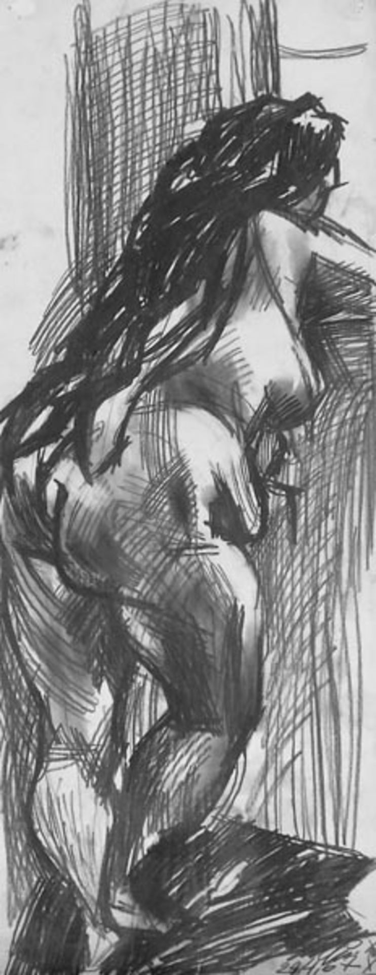 Querner, Curt (Börnchen 1904 - 1976 Kreischa)Stehender weiblicher Rückenakt mit aufgelöstem Haar - Bild 2 aus 2